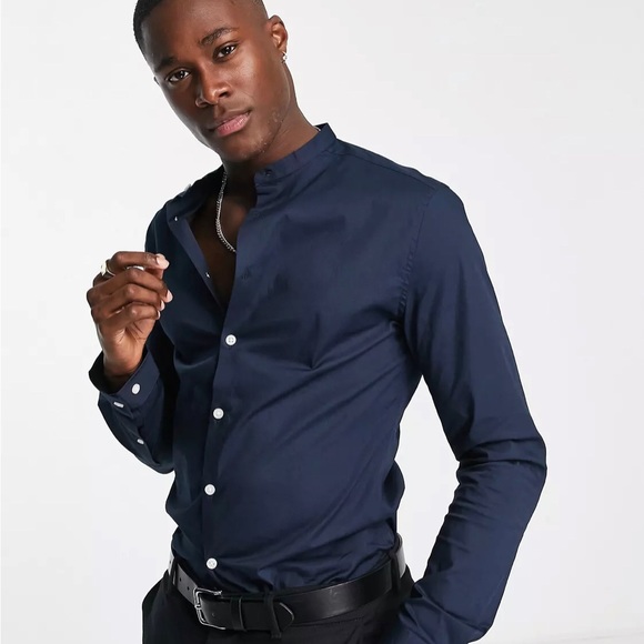 ASOS skinny fit shirt with grandad collar in navy - Picture 1 of 3